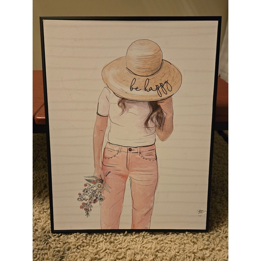 Hobby Lobby Be Happy Sun Hat Woman Framed Wall Art Boho Decor Watercolor Style